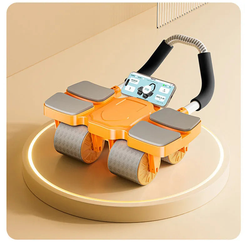 Black automatic rebound abdominal exercise wheel with four wheels on a floor.
