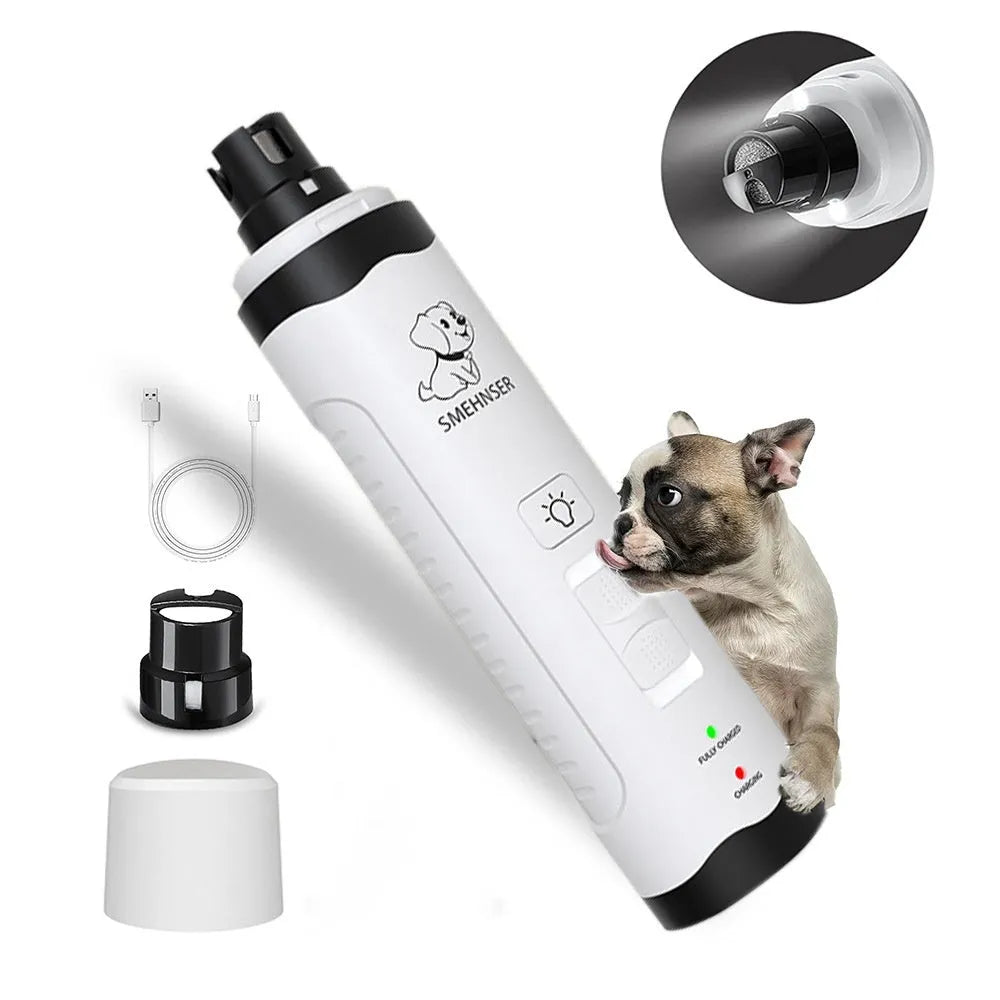 3-speed LED electric dog nail trimmer grinder with dust collection compartment and display.