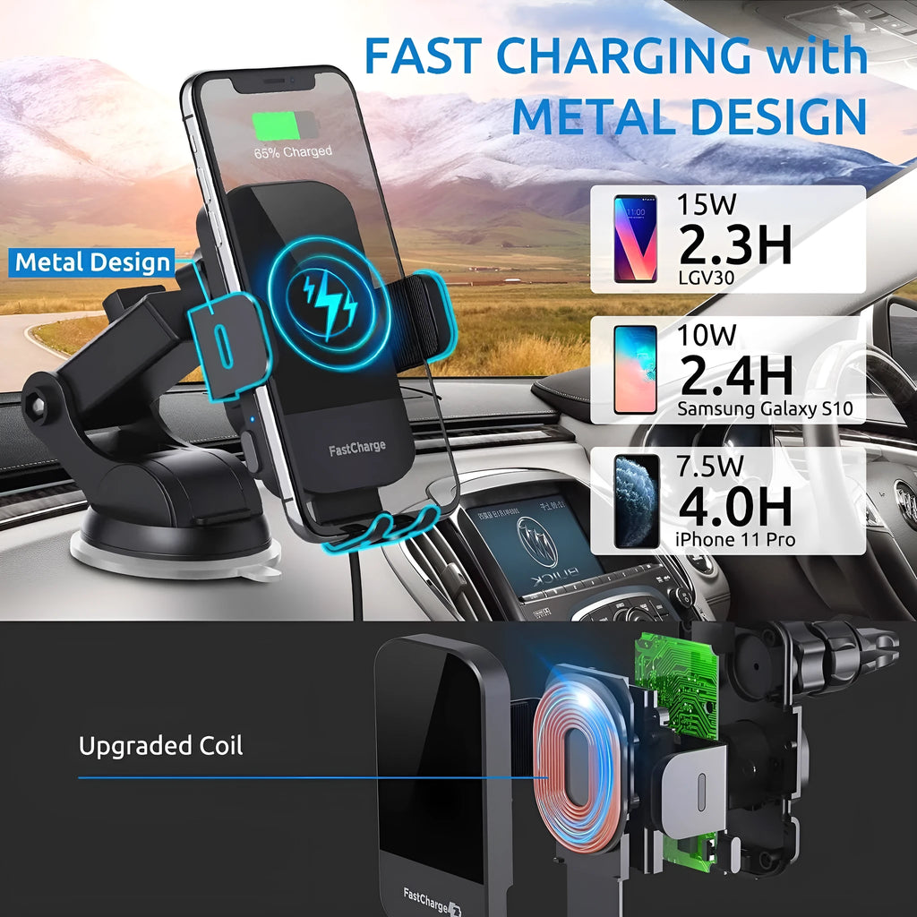Black bare metal car wireless charging stand with 15W fast charging, shown with dashboard tripod and air vent clip mounting styles.
