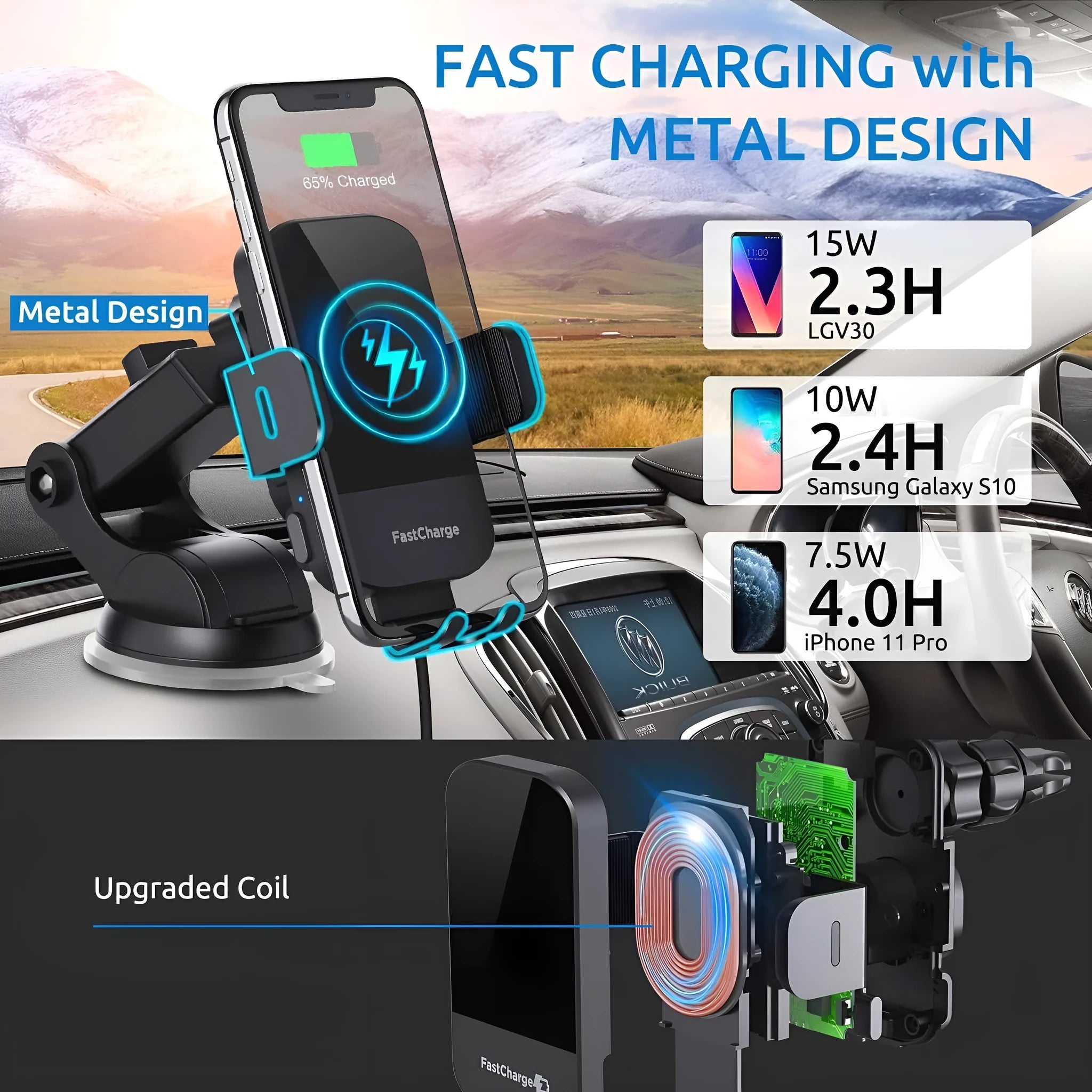 Black bare metal car wireless charging stand with 15W fast charging, shown with dashboard tripod and air vent clip mounting styles.