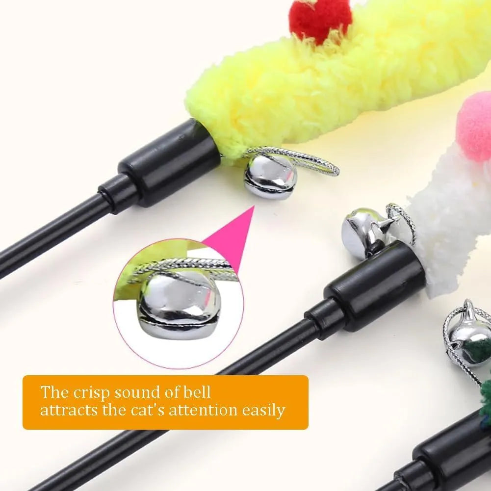 Cat teaser wand with long plush strip and colourful elements for interactive play