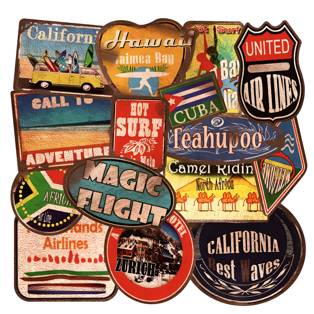 36 piece retro beach sticker collection with matte finish showing various coastal designs