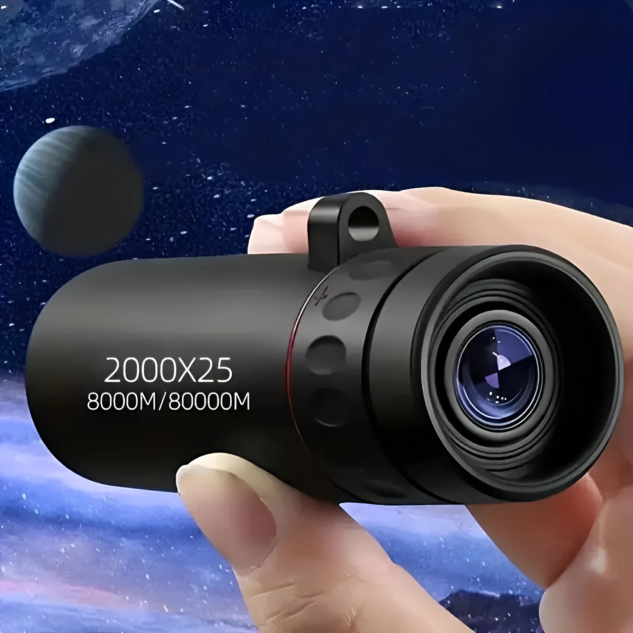 Black monocular telescope with mobile phone holder attached for outdoor observation