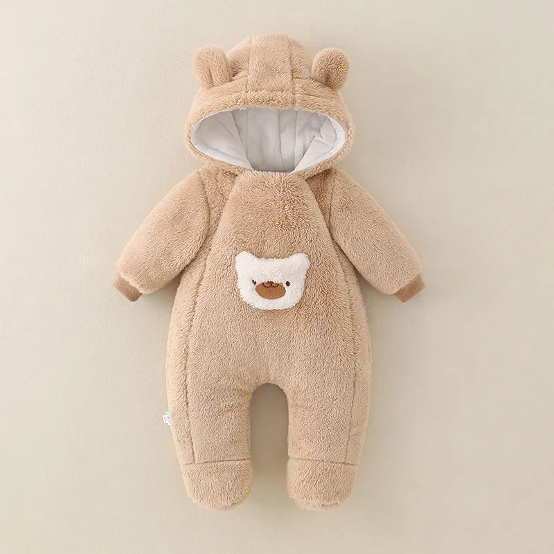 Unisex baby jumpsuit in milky white thickened polyester with front zipper closure