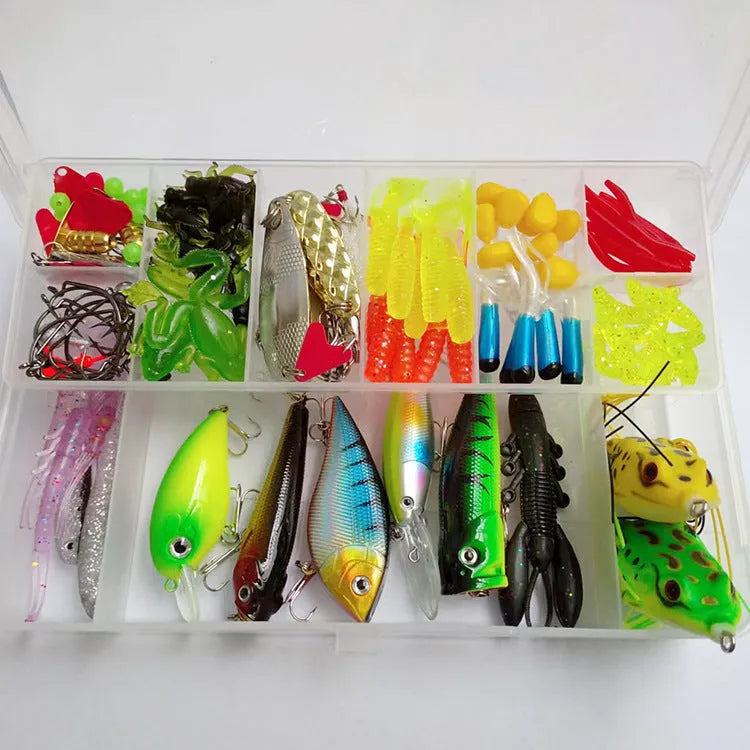 142-piece fishing lure suit with assorted hard mino sequin lures, superbait designs, and metal fishing pliers.