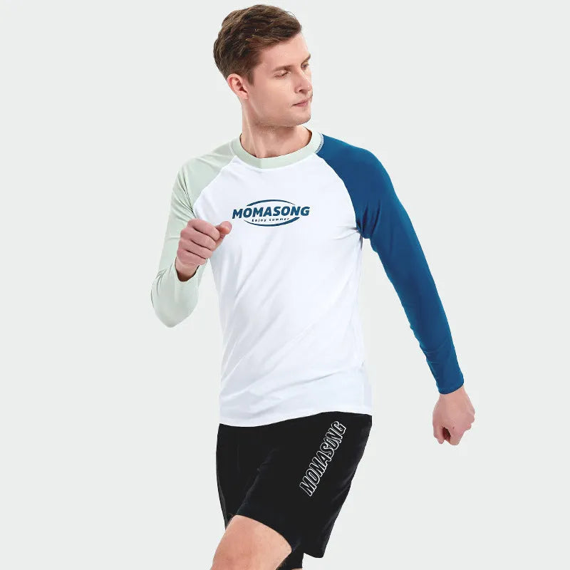 Men's white long-sleeved swim top with colour-matched beach swim trunks set on a beach.