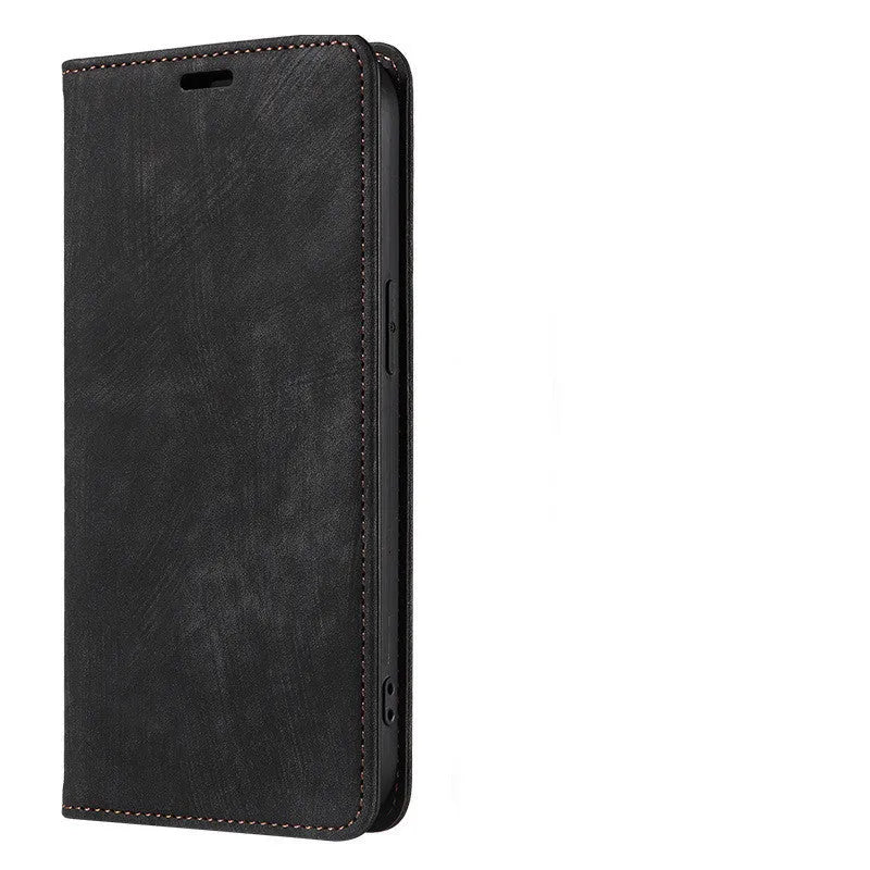 Magnetic flip leather phone case for iPhone in various colours, showing front and back views.