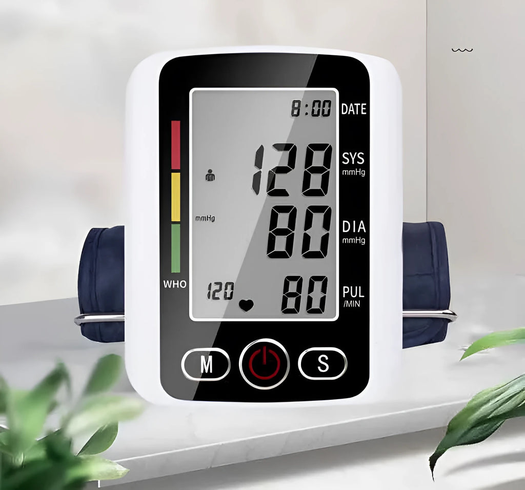 ARM electronic sphygmomanometer with large screen and arm cuff on a table