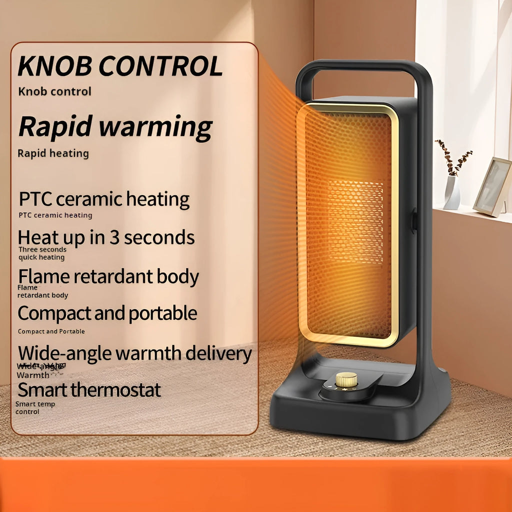 Black compact PTC ceramic desktop air heater with control knob on front