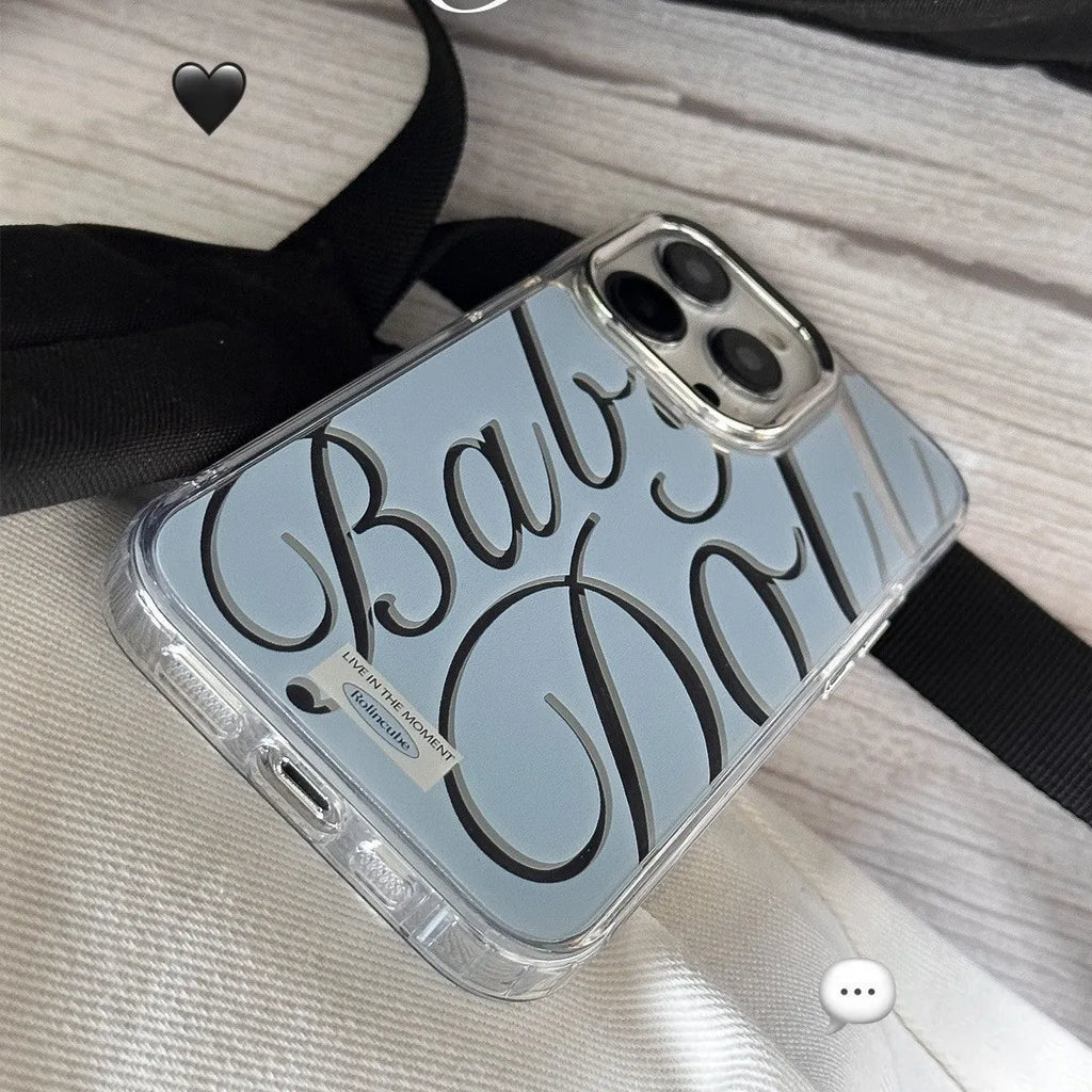 Transparent blue iPhone case with mirrored surface showing JMKJ letters, compatible with Apple models 11 to 16 Pro Max