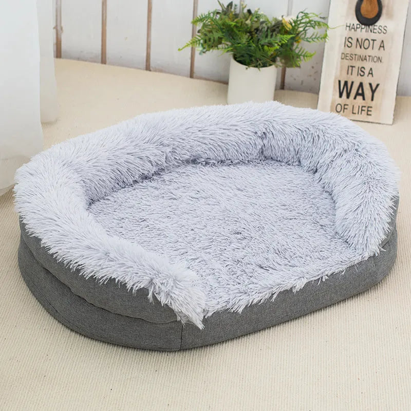 Winter warm pet plush large kennel for dogs, gray, oval open nest 100x75x18cm
