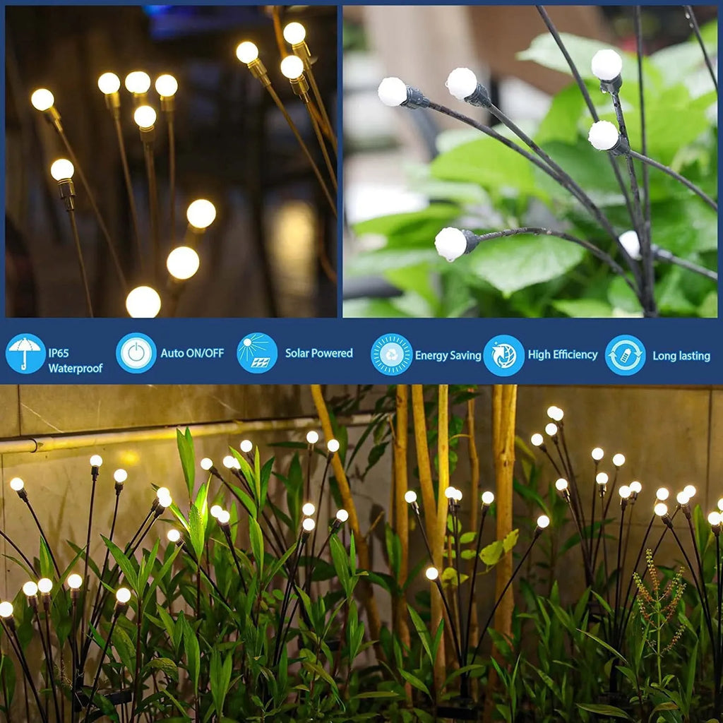 Solar-powered LED garden stake light with multiple heads on a stainless steel spike, showing warm white and coloured light modes.