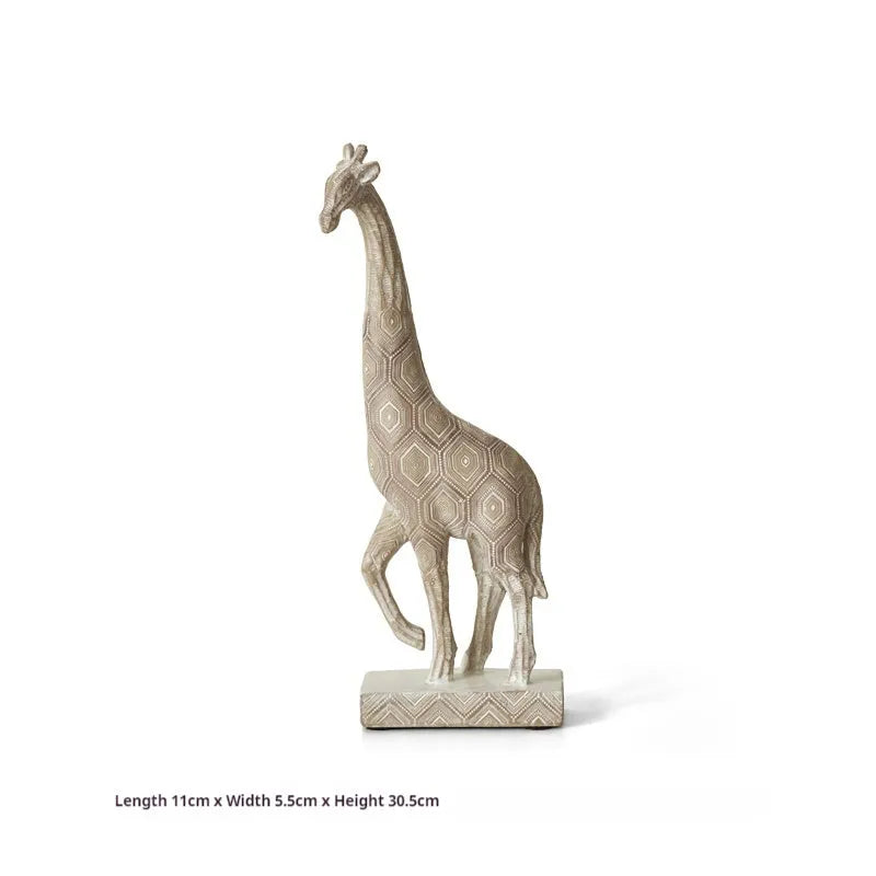Tall wooden-coloured giraffe resin figurine ornament on a surface.
