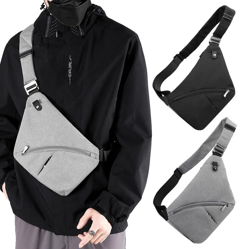 Men's grey Oxford cloth chest bag with one shoulder strap and letter detailing