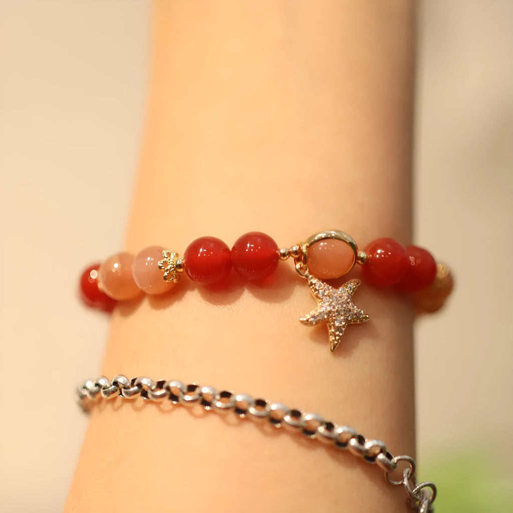 Handmade women's bracelet with 8mm red agate and sunstone beads in ethnic Xiangyun style