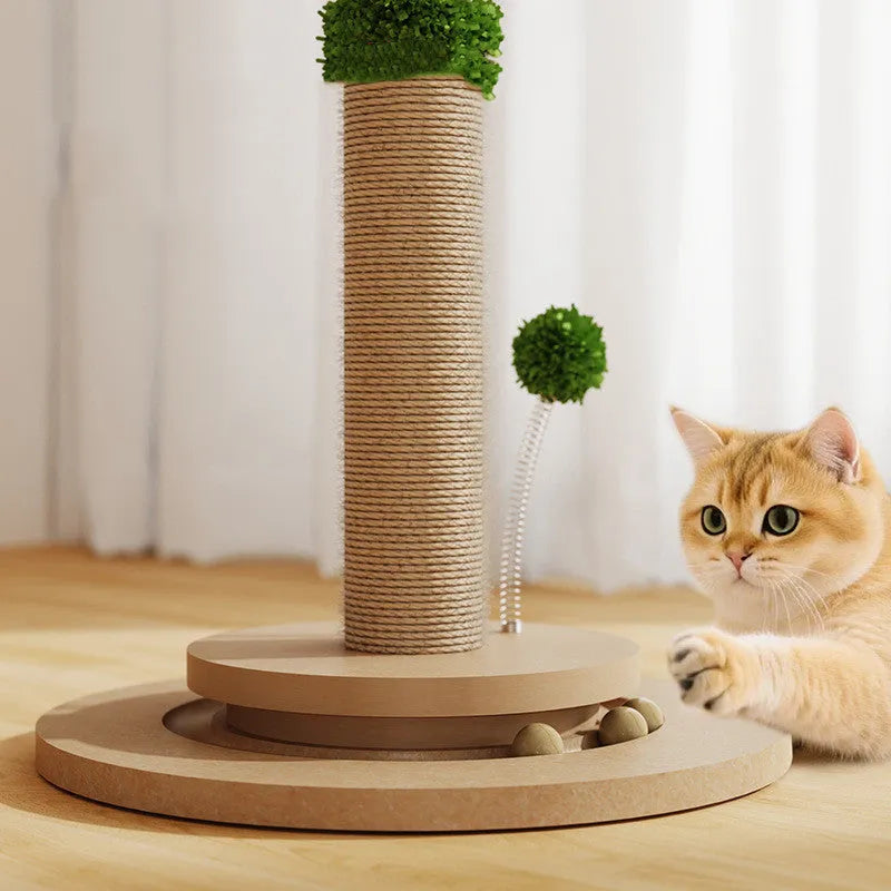 Vertical cat scratching post with natural hemp rope wrap in a canna colour on a simple frame.
