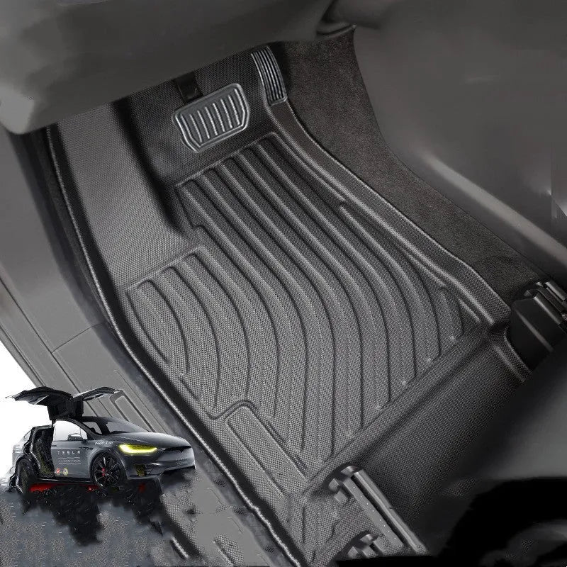 TPE rubber waterproof floor mat set for Tesla Model X, showing tailbox liner and footwell mats.