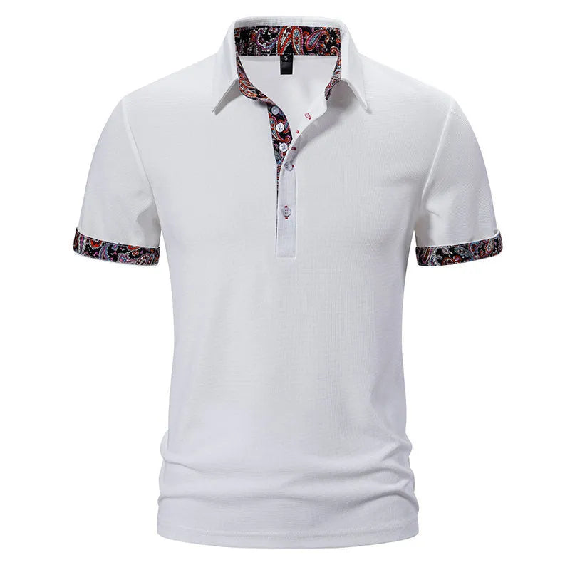 Men's plain colour cotton blend polo shirt with turnover collar and short sleeves.