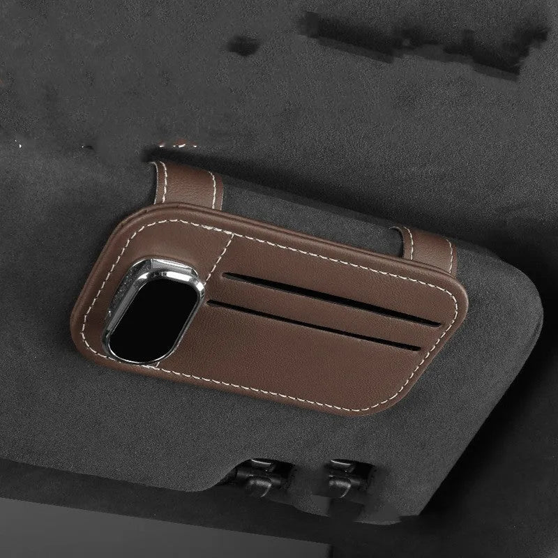Leather sun louver card holder with glasses clip for car organisation in multiple colour options
