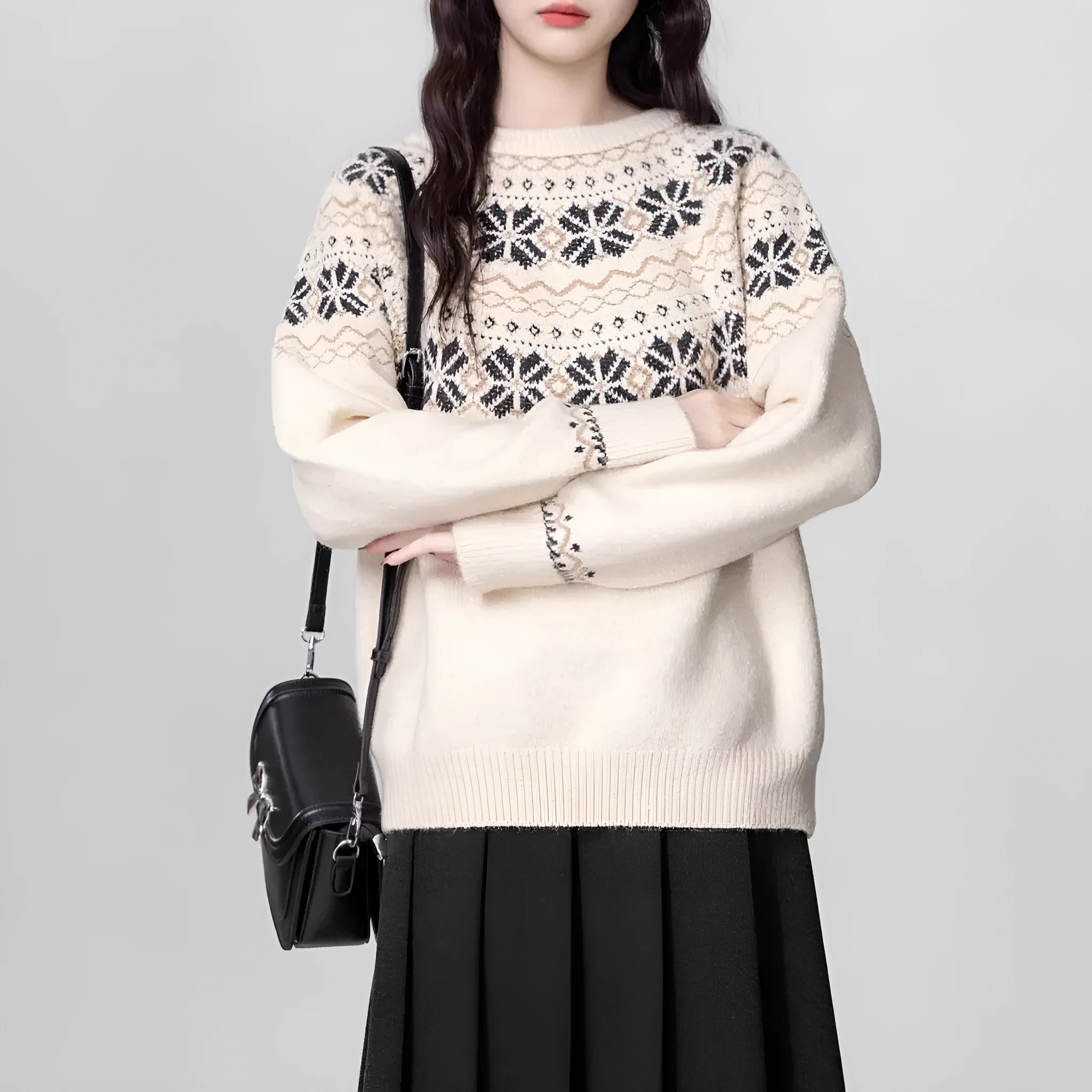 Women's Milky White Fair Isle patterned pullover sweater with a loose fit and crew neck.