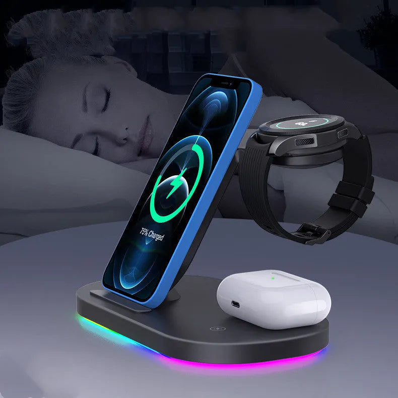 Three-in-one wireless charging station in black or white charging phone watch headphones