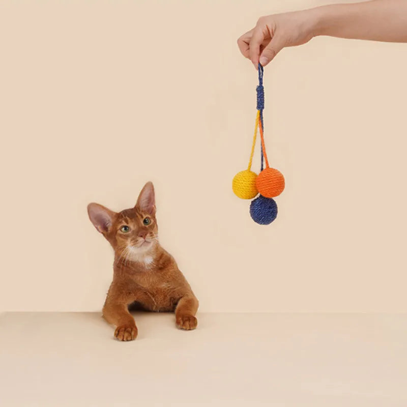 Blue, green, red, and yellow cat toy set with a teaser stick and a catnip ball.