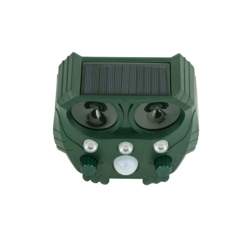 Green solar-powered ultrasonic dog and pest repeller with weatherproof ABS housing