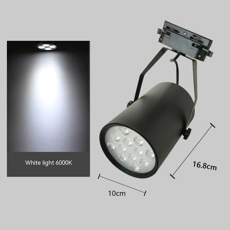 LED track spotlight with aluminium shell in black or white, available in 7W 12W 18W power outputs with warm yellow neutral white light options