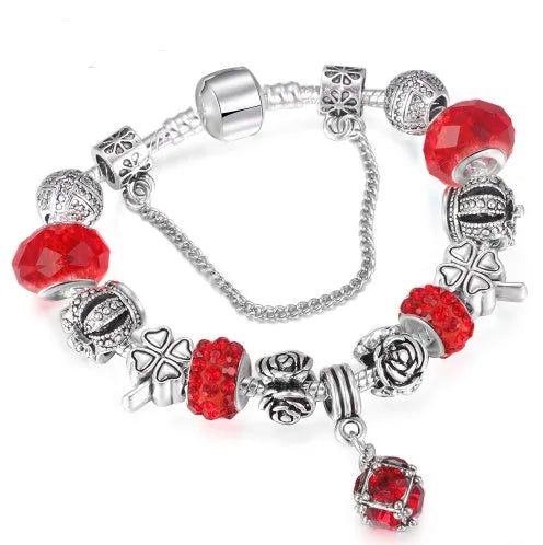 Multicolour beaded bracelet with alloy, glazed, and diamond beads on a white background