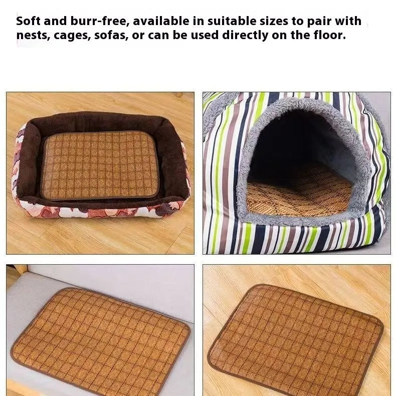 Brown woven rattan cooling mat for dogs, shown in a large size.