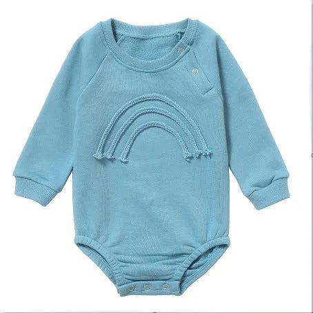 Long sleeve waffle cotton baby romper in neutral colour on hanger