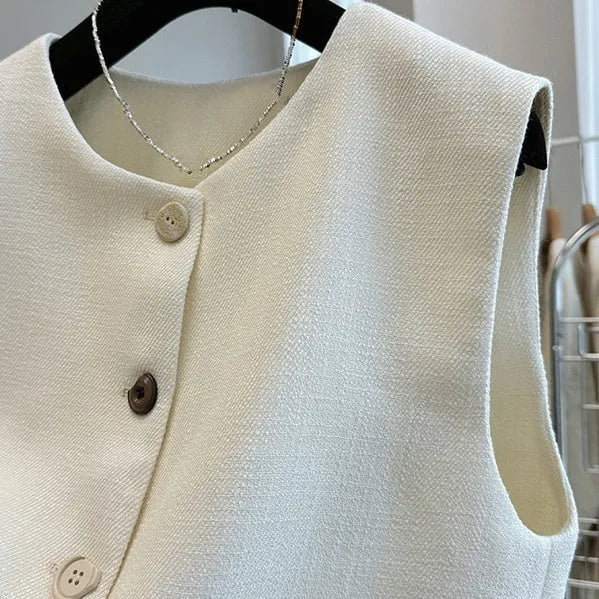 Women's milky white sleeveless bandage vest with round neck, French style design