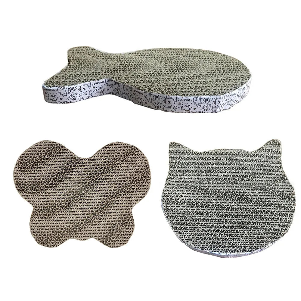 Corrugated paper cat scratcher toy in fish, butterfly, and cat head shapes, flat 2.5cm thick floor pad