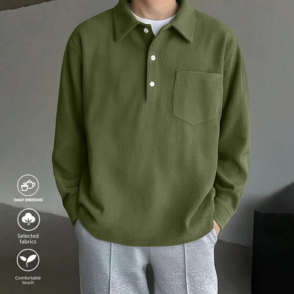 Men's American retro casual polyester pullover shirt in black, loose fit, size options S-XXL