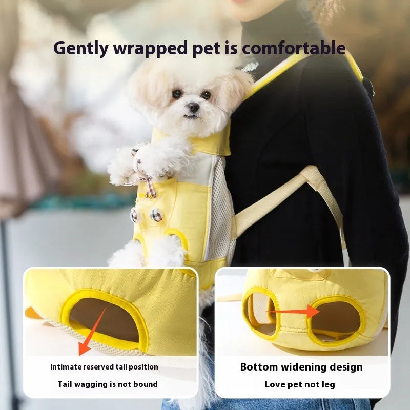 Cartoon animal pattern pet carrier bag in canvas with pearl cotton lining, showing Beka yellow bear design