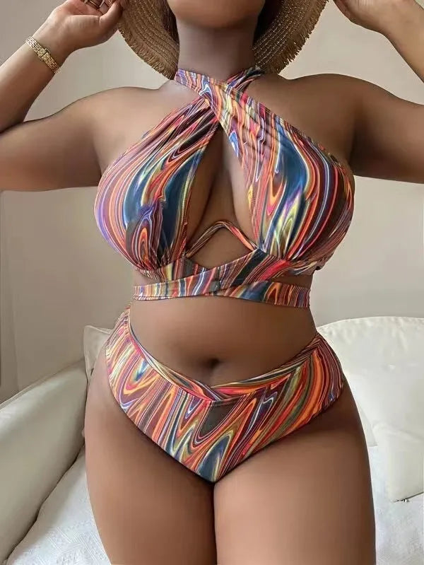 Women's plus size high-waist floral bikini swimsuit in picture colour