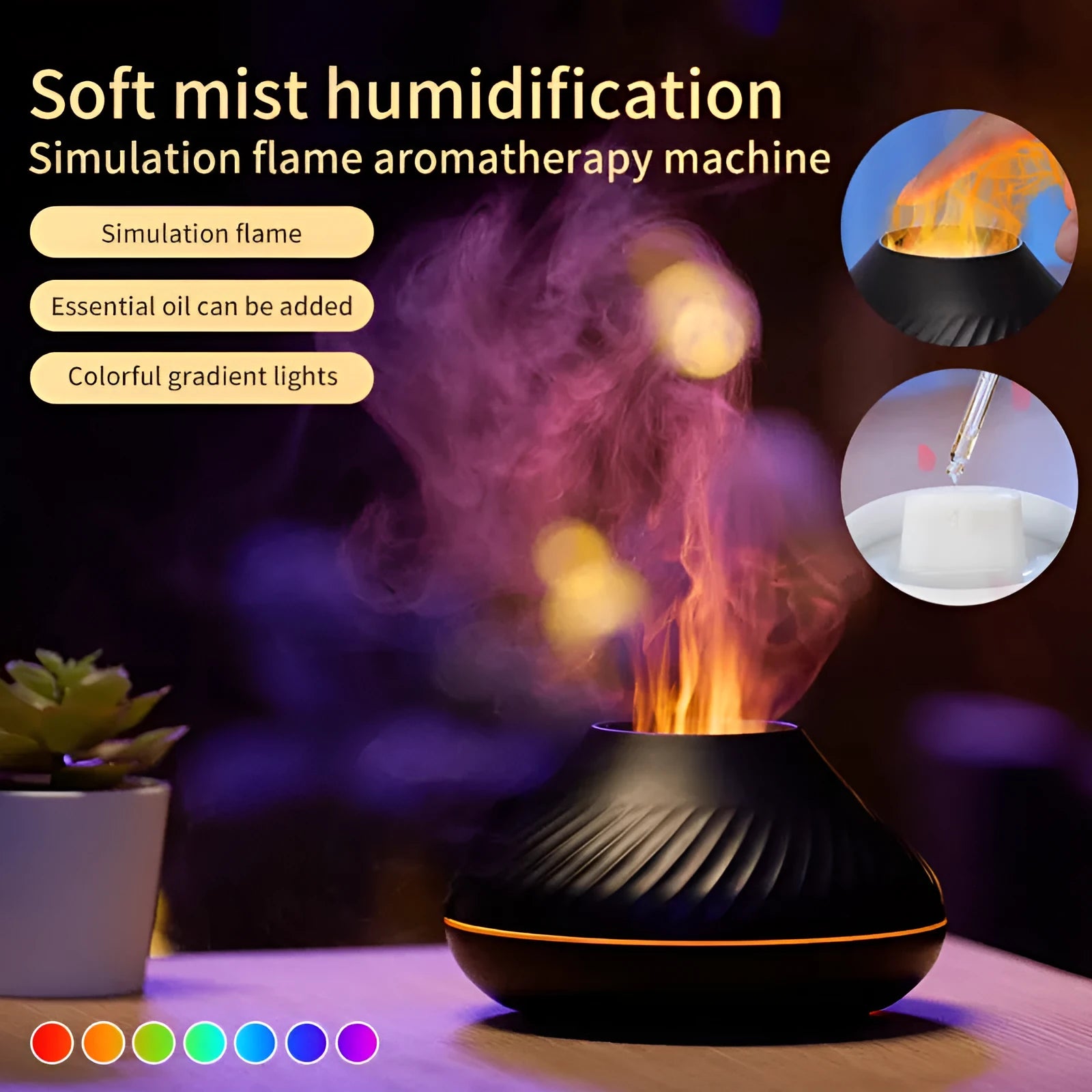 Beige aromatherapy diffuser with LED flame effect lighting and mist output