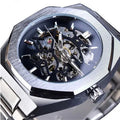 Men's mechanical automatic watch with skeleton dial, stainless steel case, genuine leather band, 41mm diameter