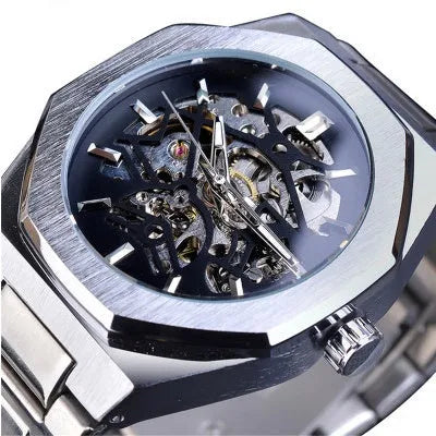 Men's mechanical automatic watch with skeleton dial, stainless steel case, genuine leather band, 41mm diameter