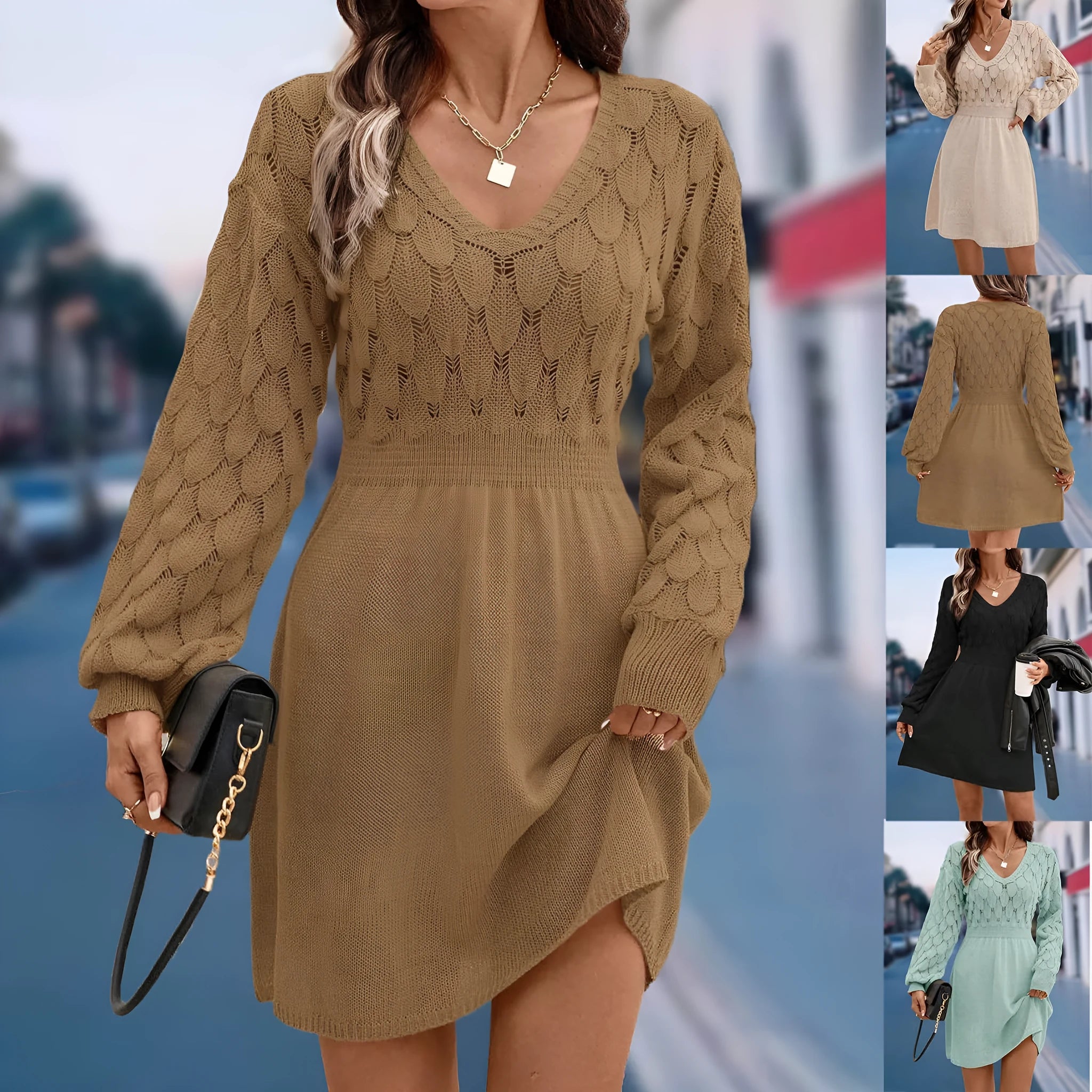 Women's long sleeve V-neck beach dress in acrylic fabric with a 3D pattern and high waist.