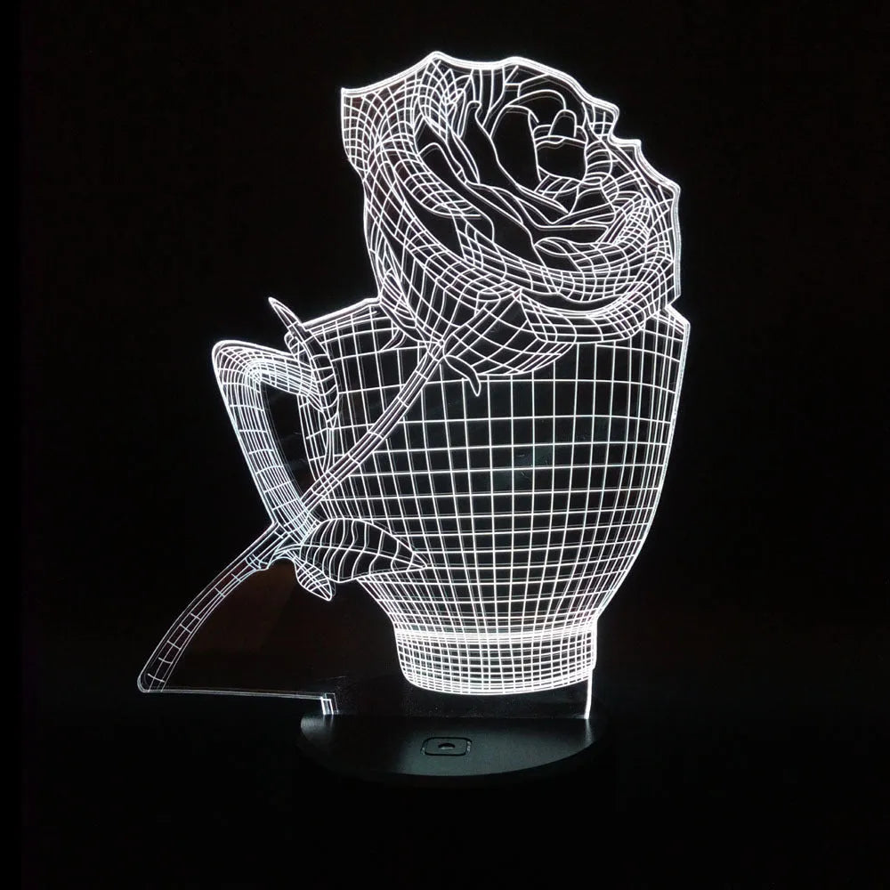 3D Rose Flower Night Light in black finish showing laser-engraved design glowing in purple light, with remote control.