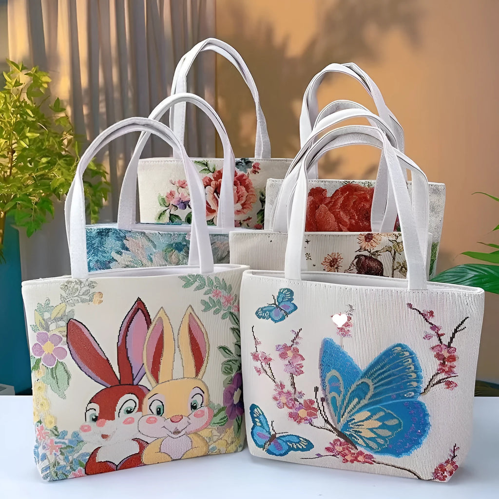 Double-sided gold wire embroidered canvas handheld bag in a floral design with polyester lining.