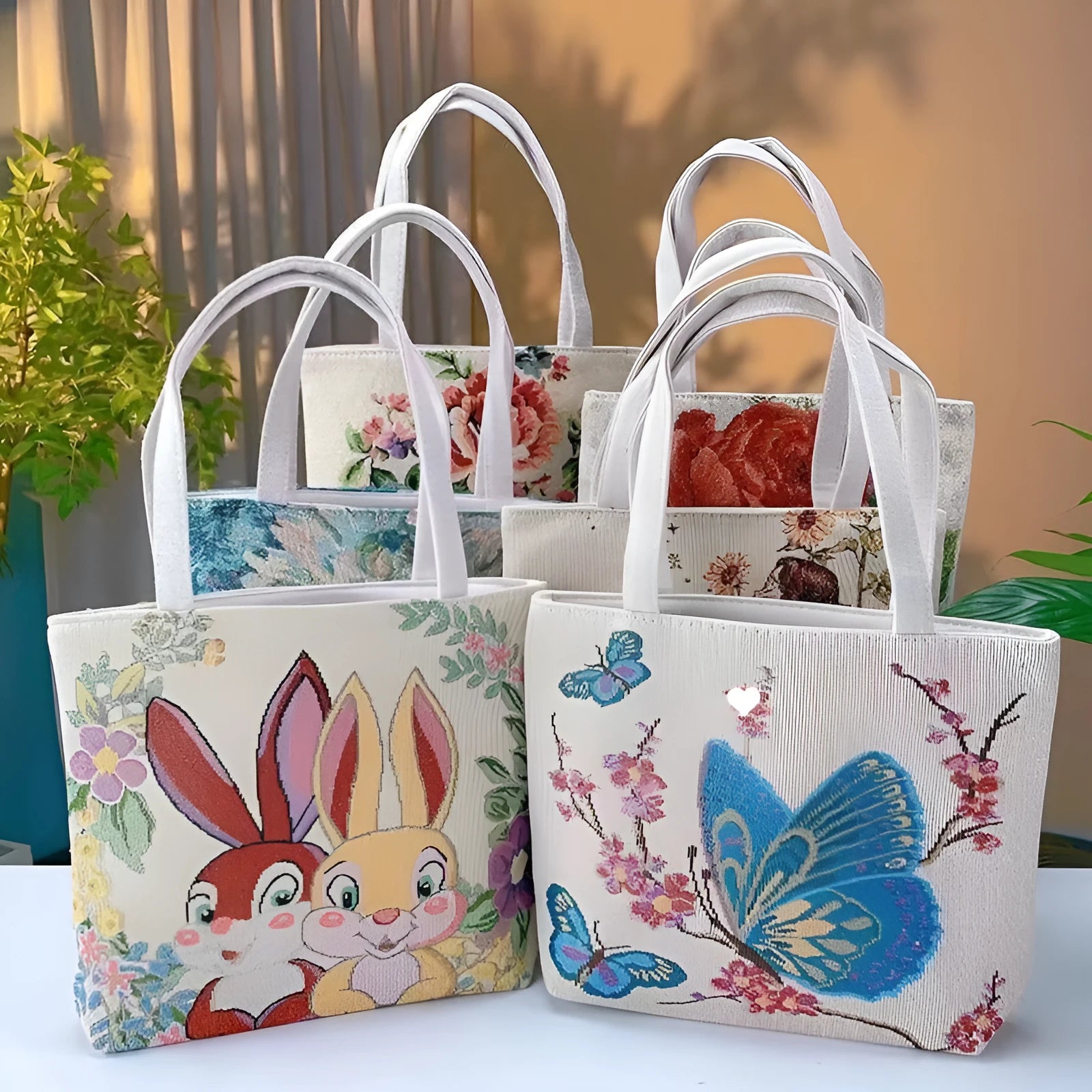 Double-sided gold wire embroidered canvas handheld bag in a floral design with polyester lining.