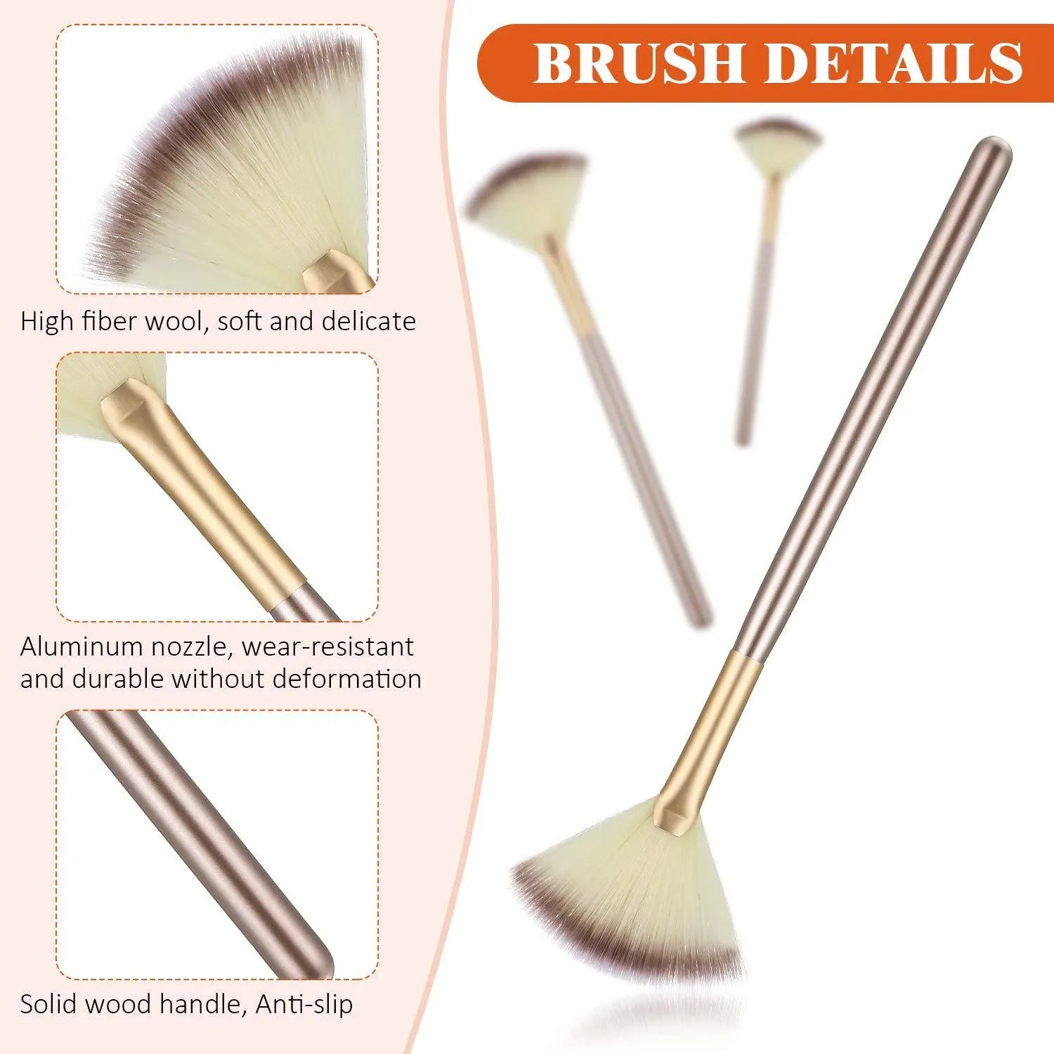 10 professional facial fan brushes with champagne finish acrylic handles and soft fibre bristles