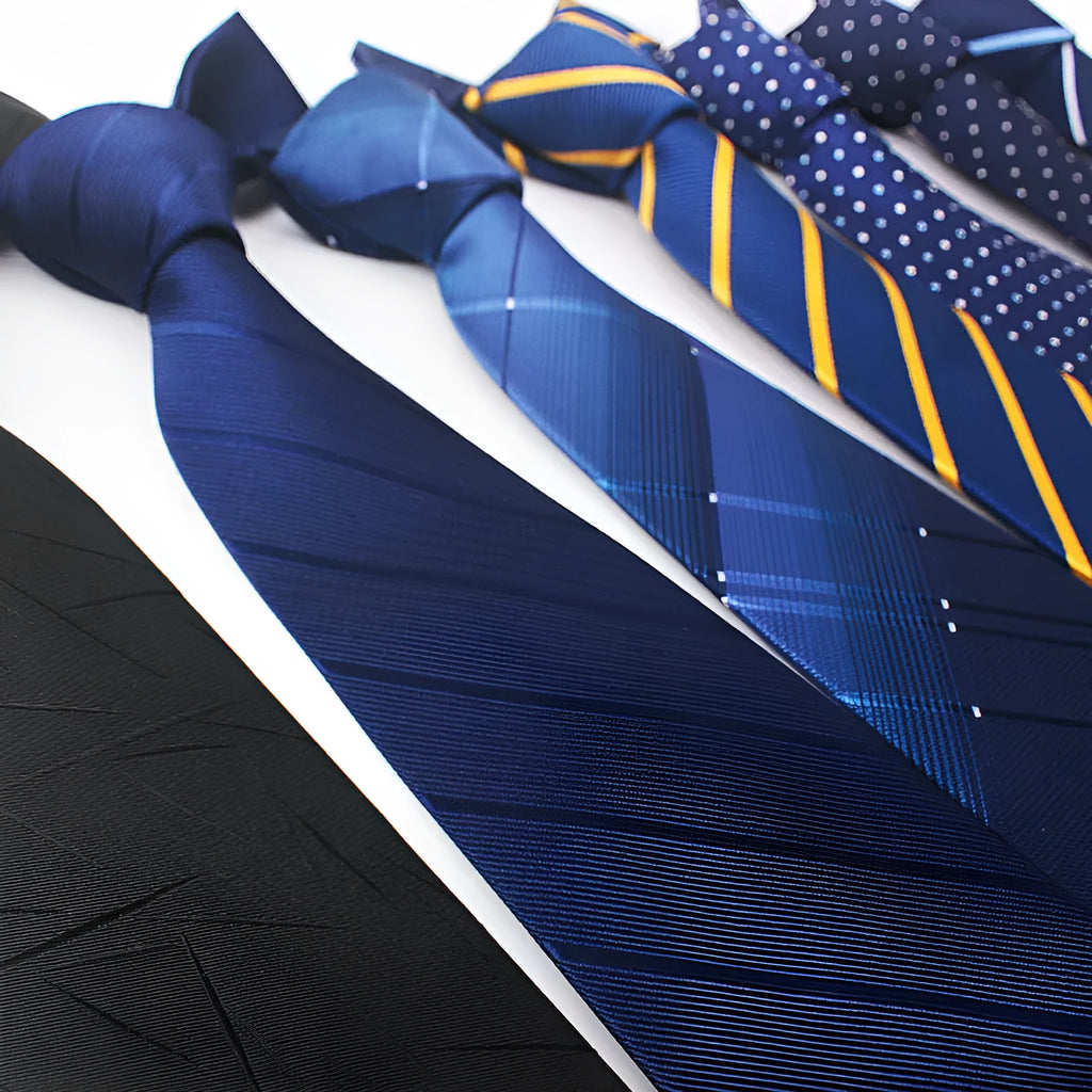 Close-up of a red, black and blue striped men's polyester tie with a jacquard weave.