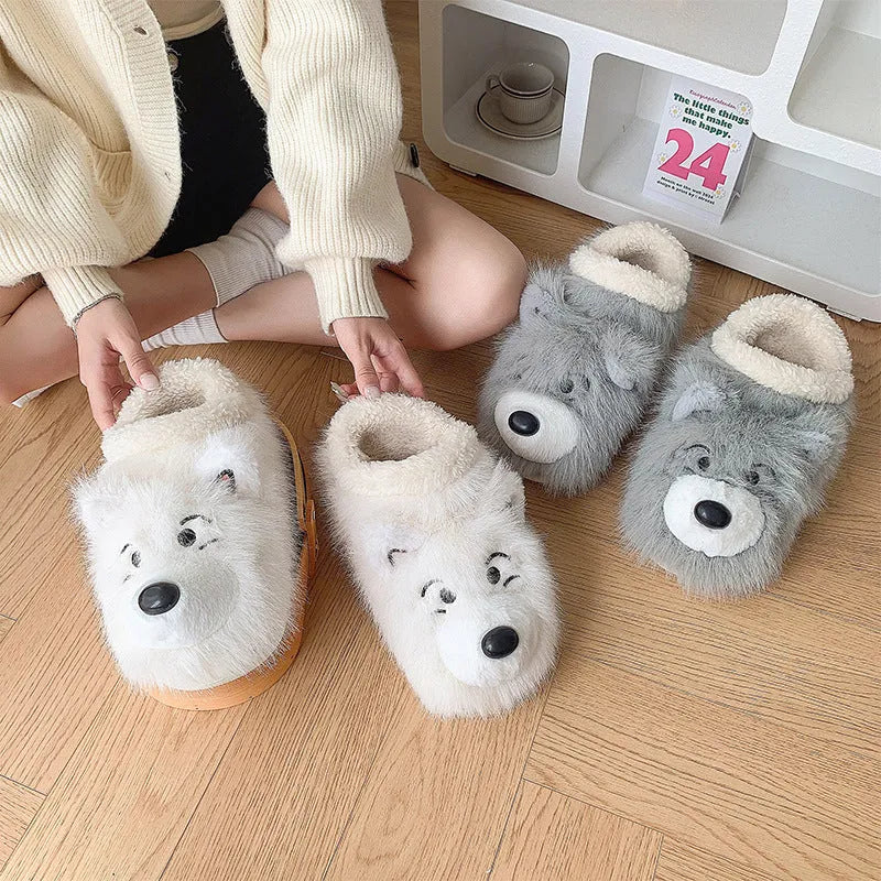 Grey and white ankle wrap cotton slippers with plush upper and artificial wool lining for home wear