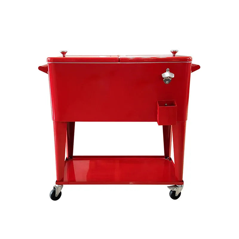 Red outdoor insulated metal cooler trolley with iron frame and 750 capacity
