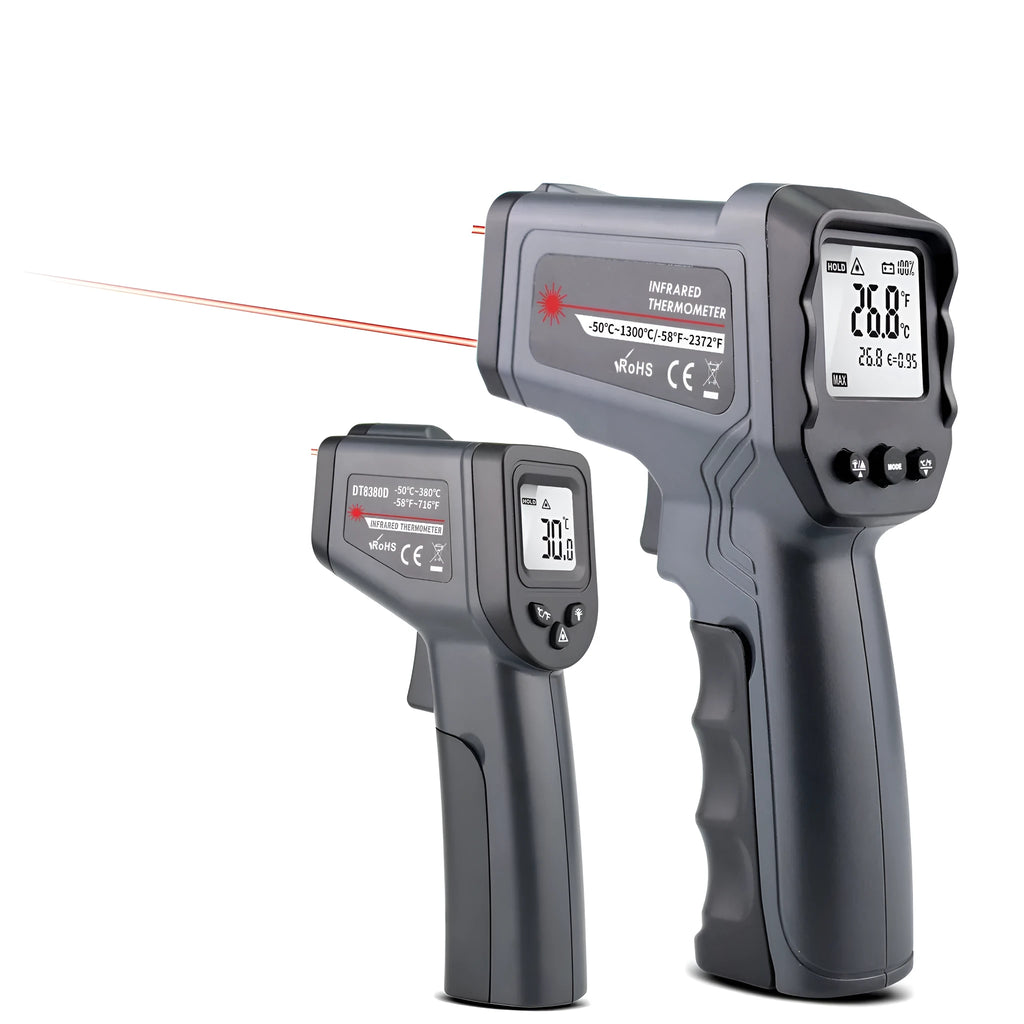 Black handheld infrared thermometer with LCD display, model covering -50 to 1600 degrees Celsius
