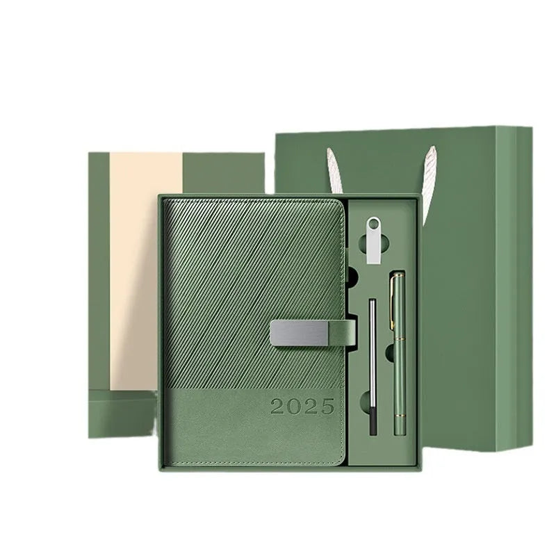 Office notepad with striped PU leather cover, open to show 80g paper with 204 sheet capacity