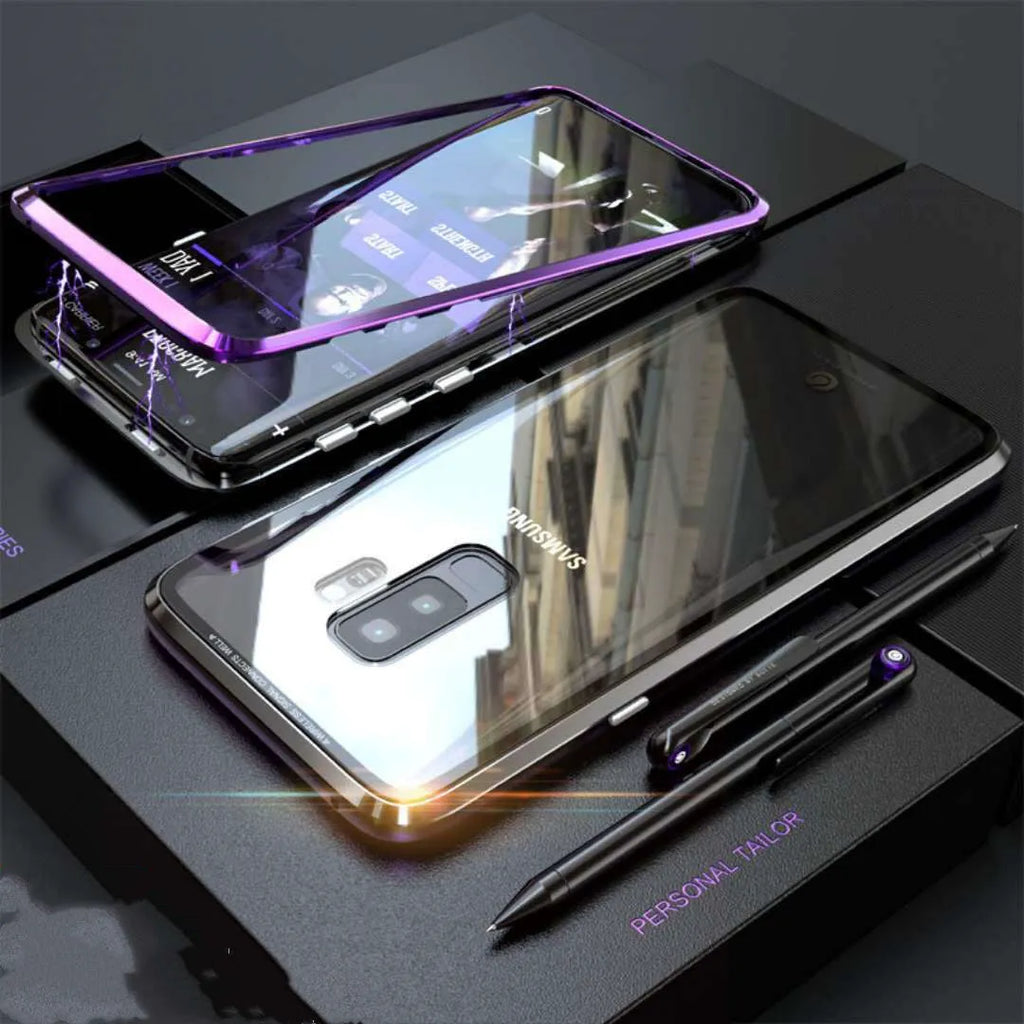 Black magnetic clamshell phone case for Samsung smartphones with glass construction and closed magnetic design
